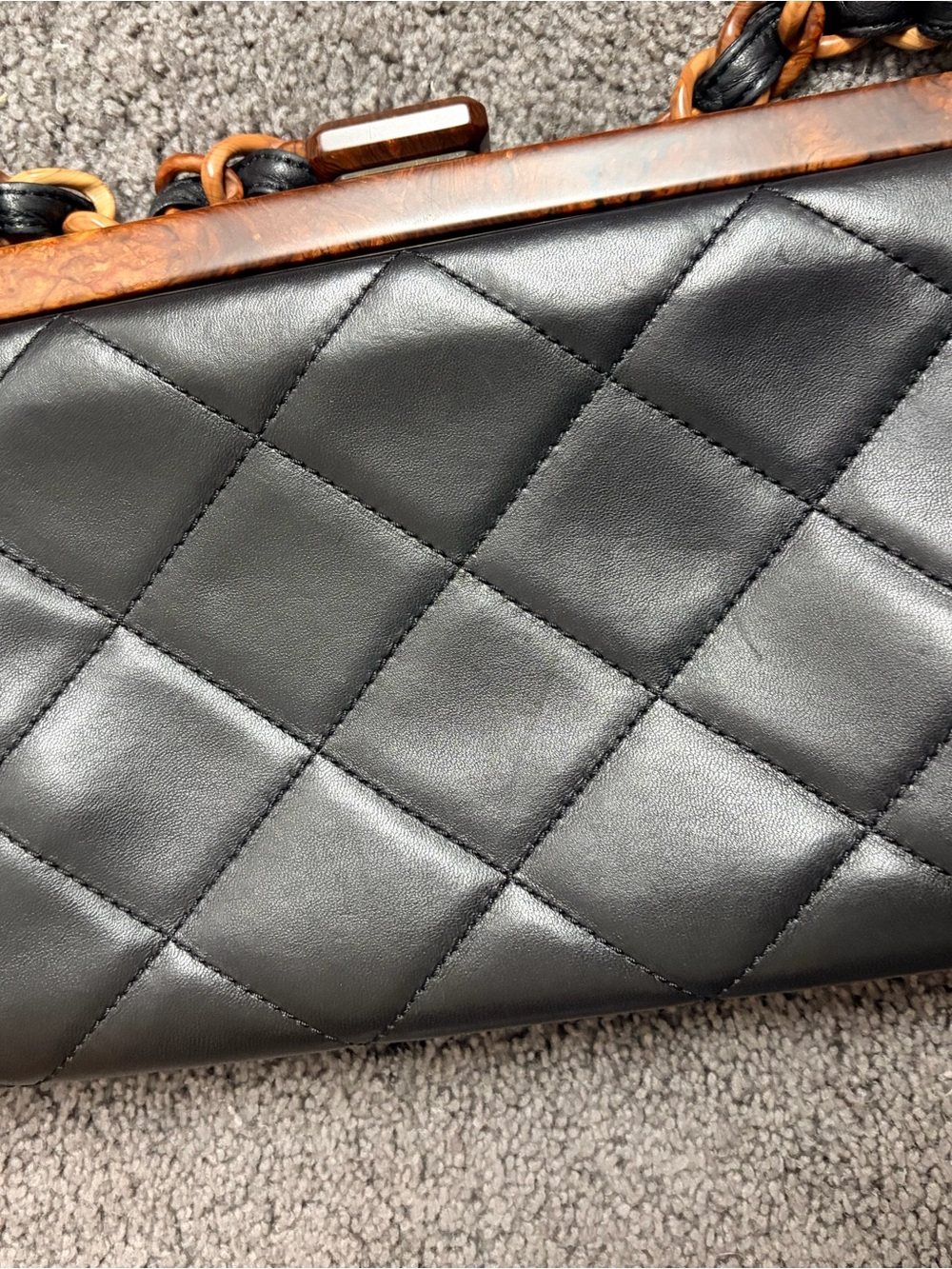 CHANEL Black Quilted Leather Shoulder Bag with Brown Wood Trim - Picture 8 of 11